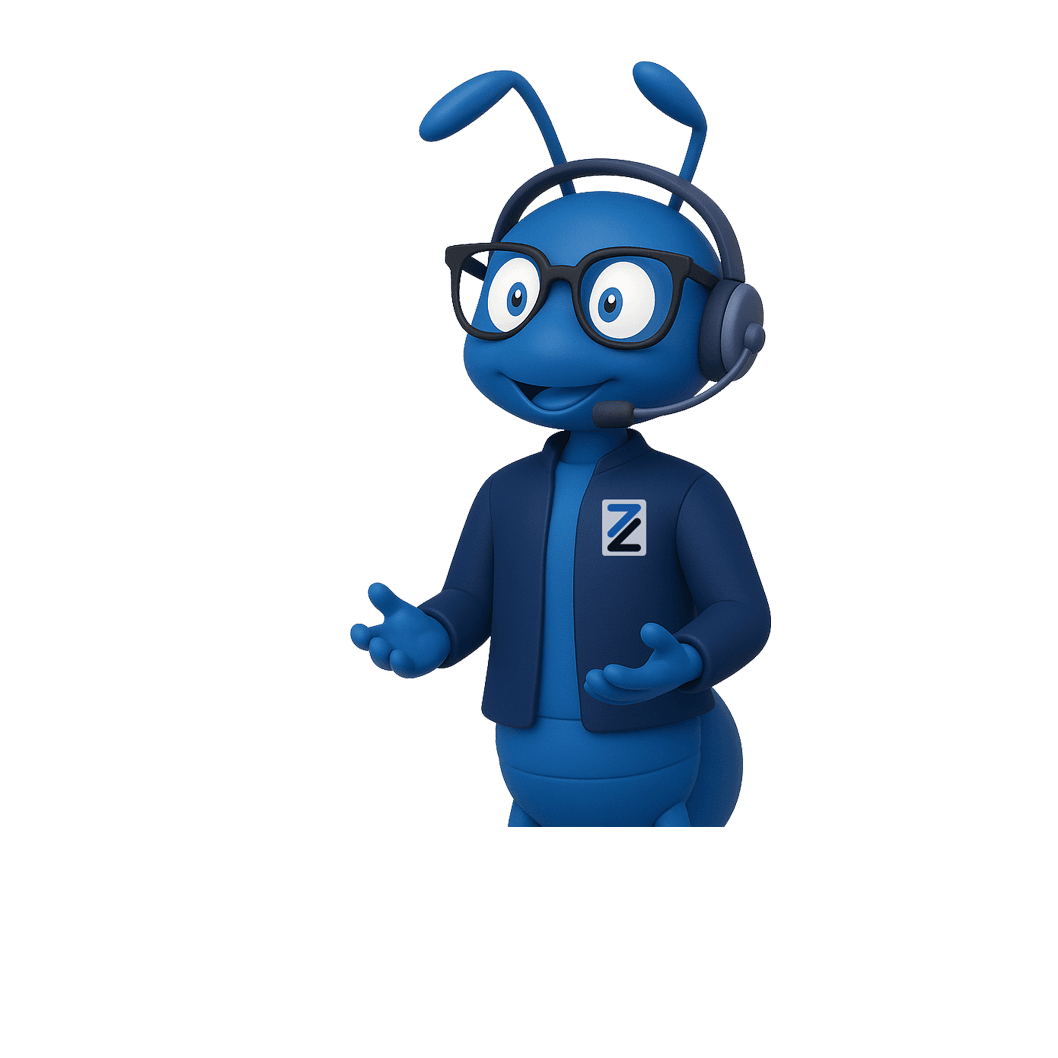 Zarpra's blue support ant wearing a headset