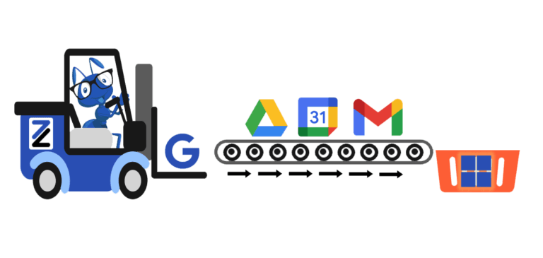 Illustration of ants carrying Google Workspace icons, such as Gmail and Google Drive, toward Microsoft 365 icons, representing migration from Google Workspace to Microsoft 365.